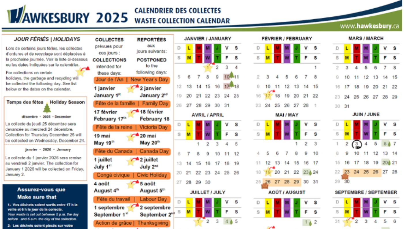 Calendrier 2025 des collectes de la Ville de Hawkesbury.