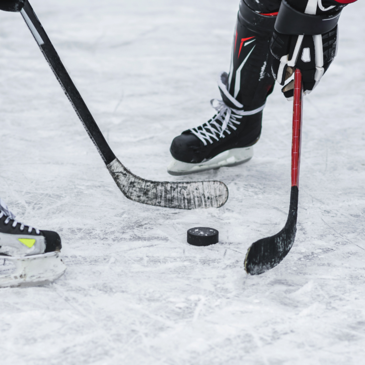 Close-up of an ice hockey game.