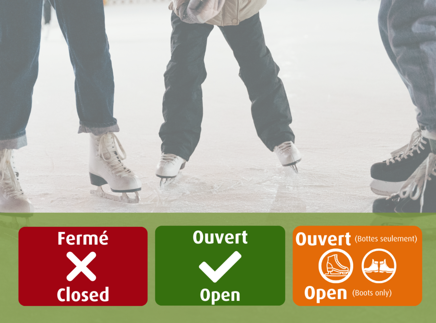 Generic skating image with three boxes to indicate the rink's status: red for closed, green for open, and orange for open with boots only.