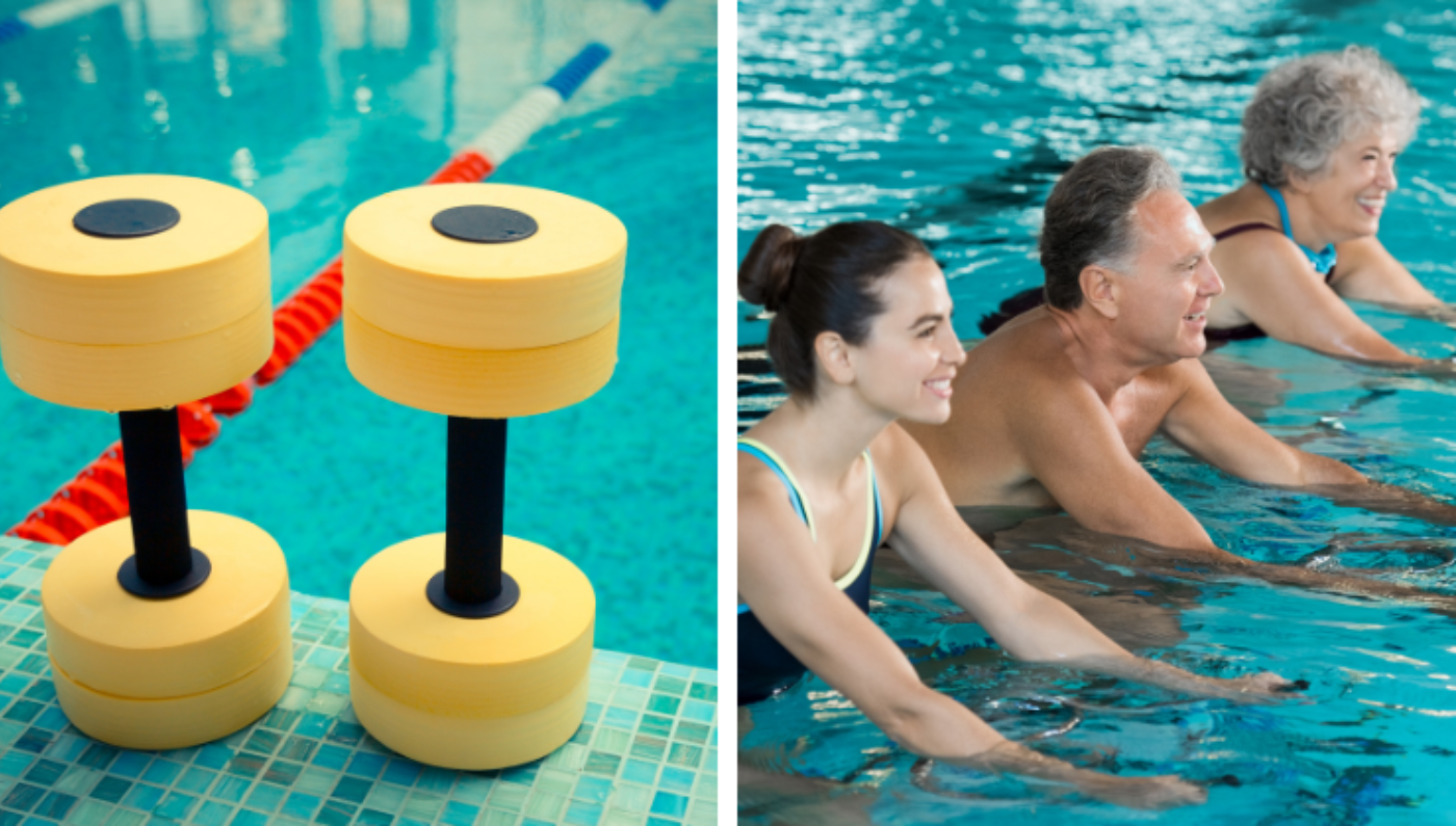 Deux images : la première, des haltères d'aqua-forme au bord d'une pisicine intérieure et la deuxième des personnes faisant de l'''aqua-bike'' dans une pisicine.
