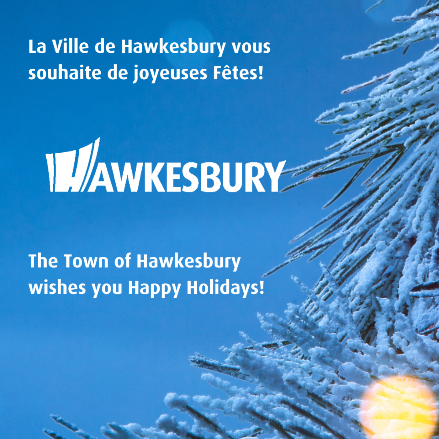 Generic photo of a fir tree with the Hawkesbury logo and English and French text wishing happy holidays.