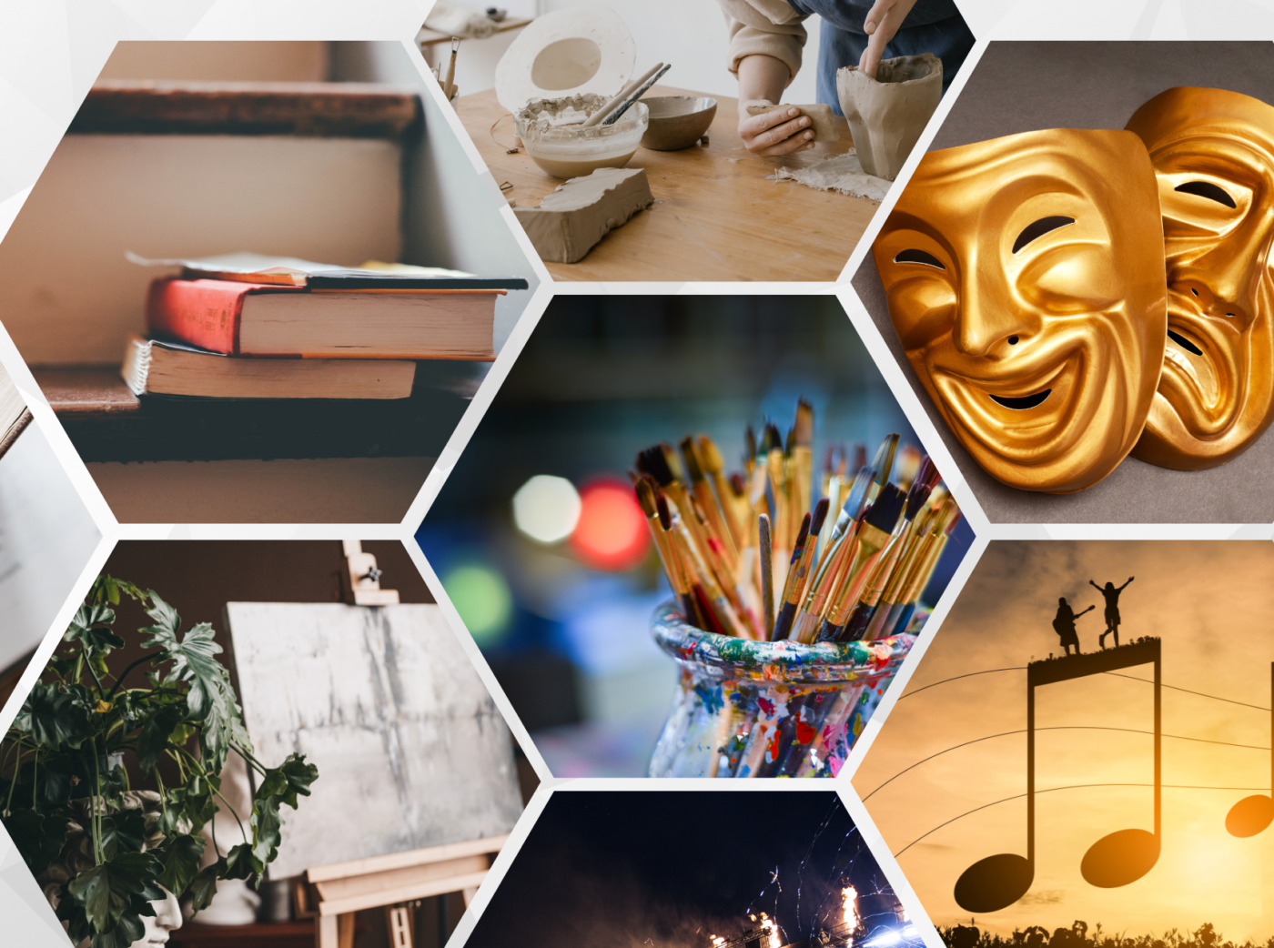 A mosaic of photos, each representing a different art form