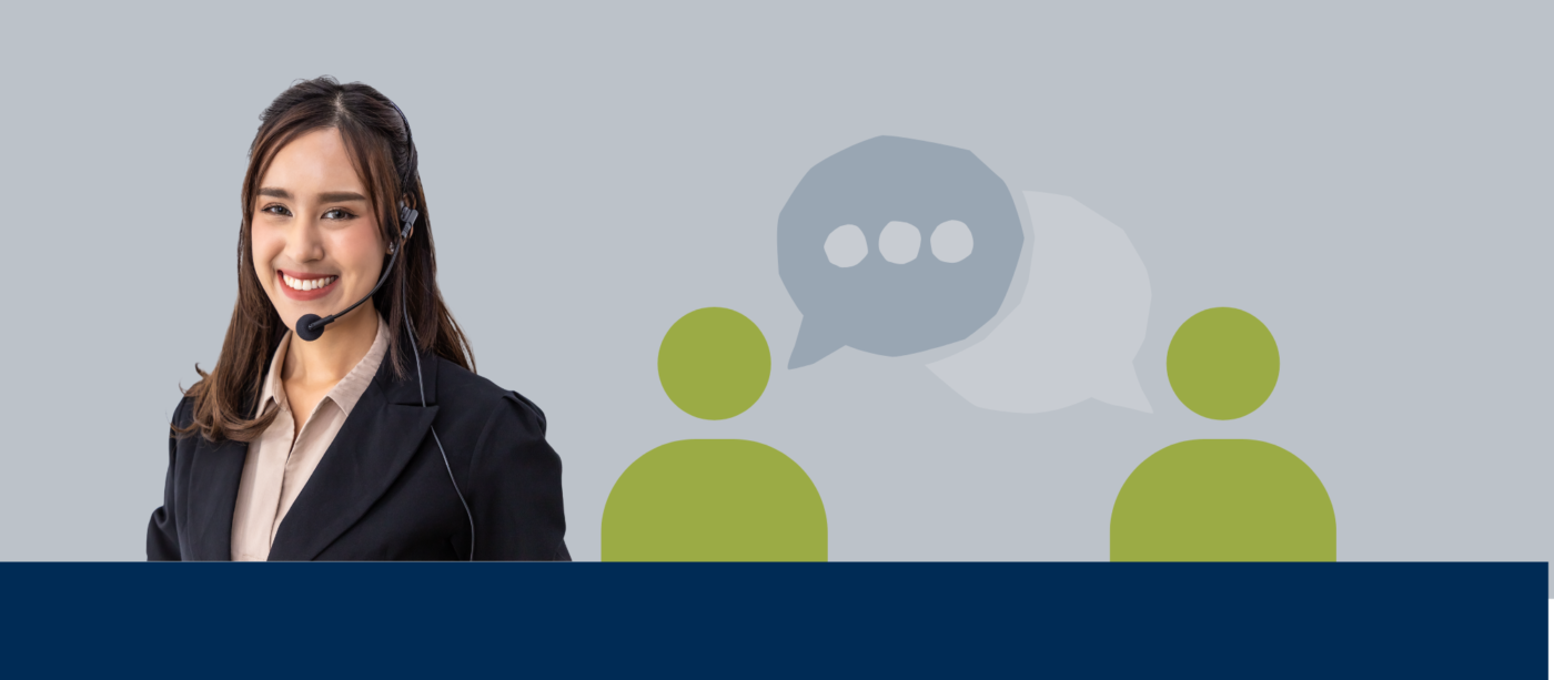 Generic photo of a customer service agent with two humanoid shape icons and message bubbles