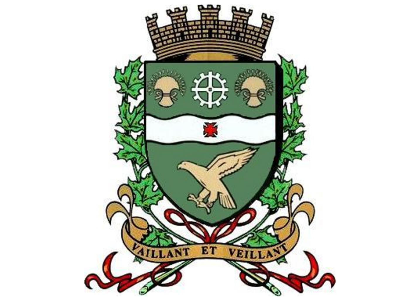 Town of Hawkesbury coat of arms. The coat of arms features a green shield resting on a tower, the top of which protrudes from the shield. On the shield is a wheel, a “fess”, with a “cross pattée”, two sheaves of wheat and, at the bottom, a hawk. Beneath the shield is a bouquet of two sprigs of green maple leaves tied with a red ribbon under a scroll bearing the town motto “Vaillant et Veillant”.