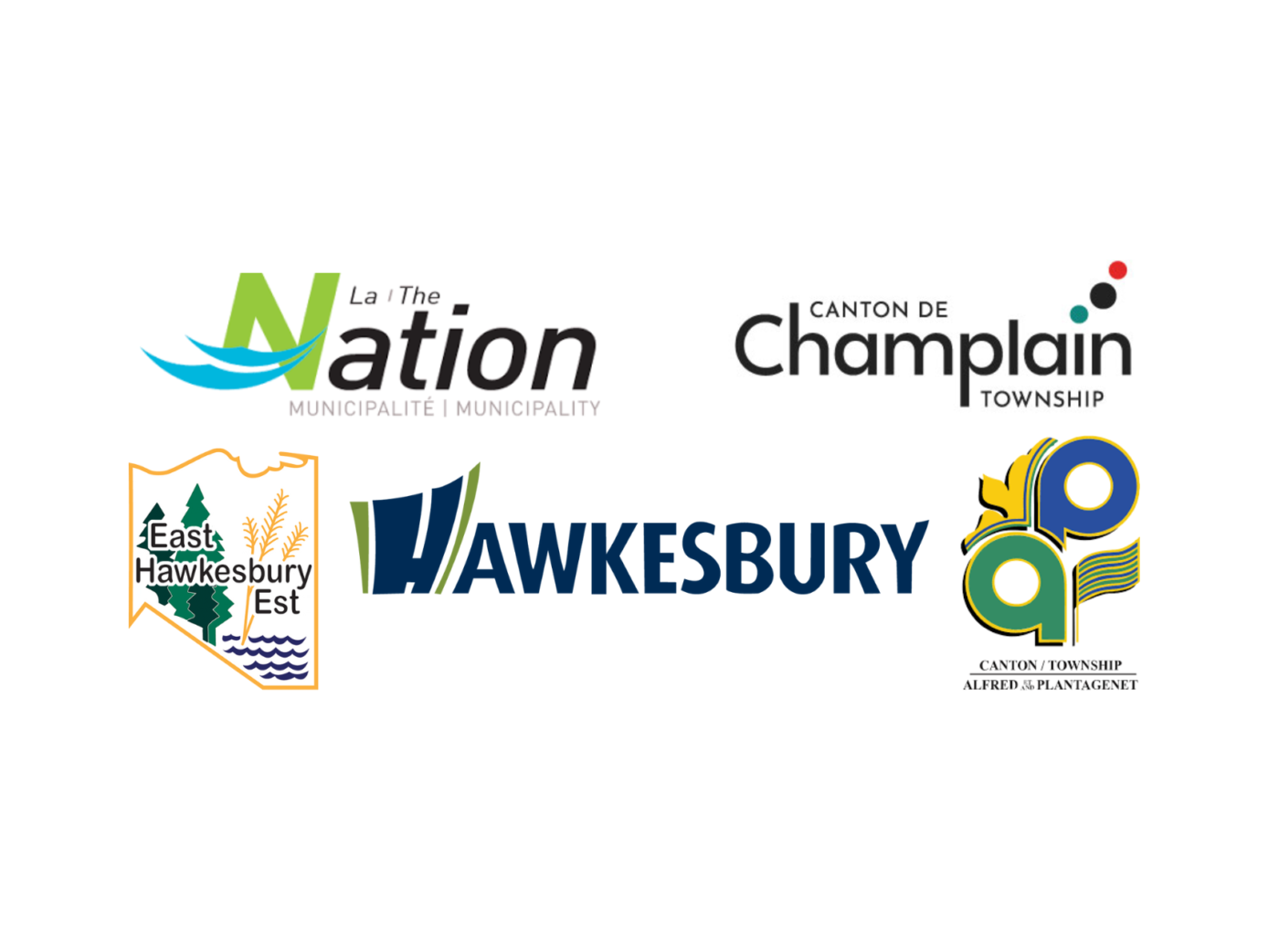 Logos of the Town of Hawkesbury, The Nation Municipality, the Township of Champlain, the Township of East Hawkesbury and the Township of Alfred et Plantagenet.